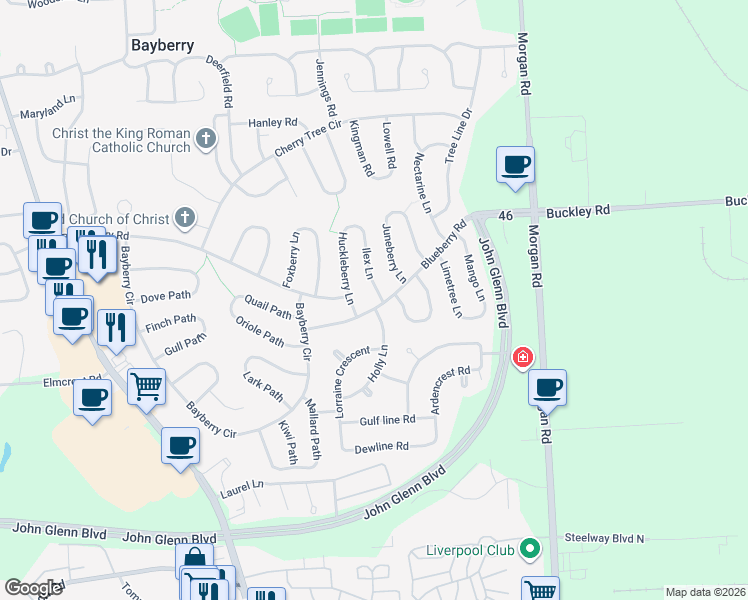 map of restaurants, bars, coffee shops, grocery stores, and more near 15 Blueberry Road in Liverpool