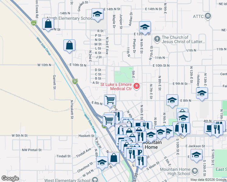 map of restaurants, bars, coffee shops, grocery stores, and more near 340 East 8th North in Mountain Home