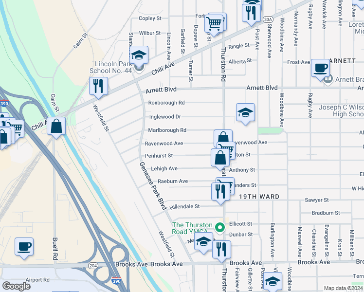 map of restaurants, bars, coffee shops, grocery stores, and more near 309 Ravenwood Avenue in Rochester