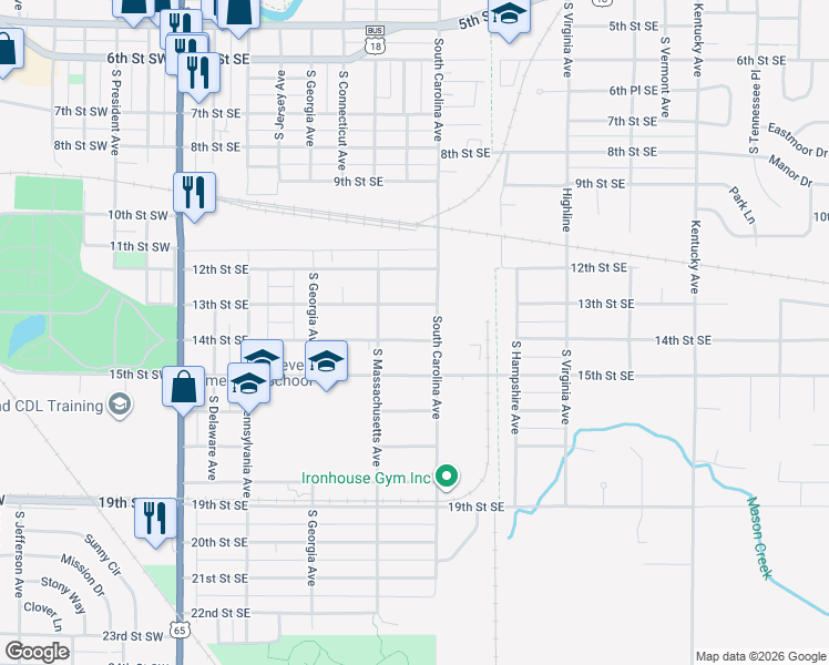 map of restaurants, bars, coffee shops, grocery stores, and more near 532 14th Street Southeast in Mason City