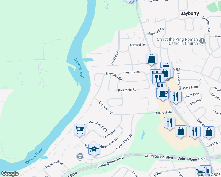map of restaurants, bars, coffee shops, grocery stores, and more near 204 Riverdale Road in Liverpool