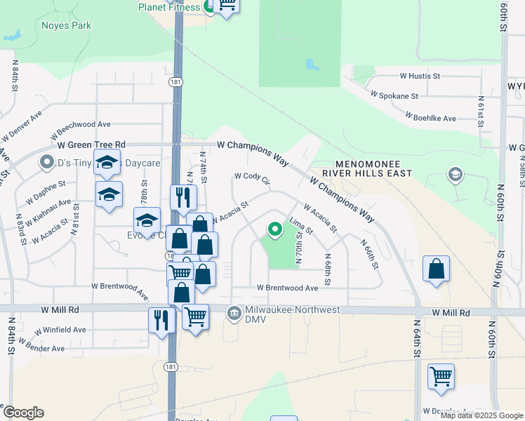 map of restaurants, bars, coffee shops, grocery stores, and more near 7118 West Lima Street in Milwaukee