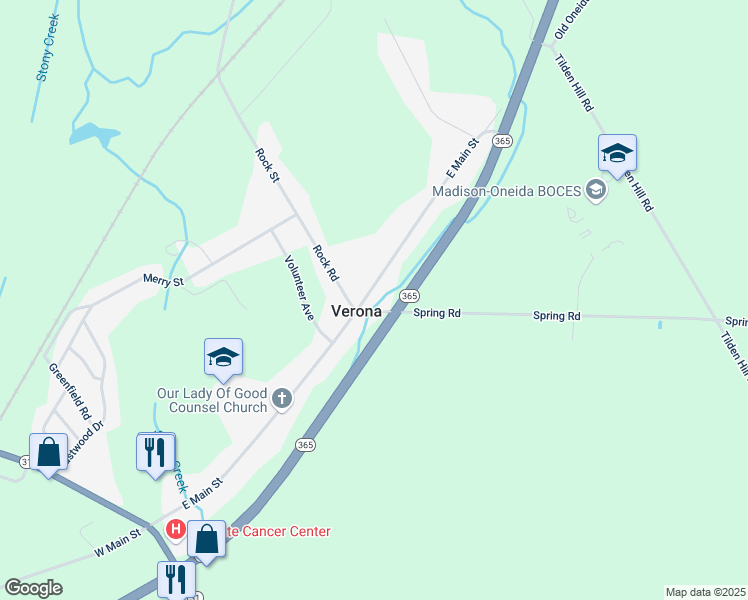 map of restaurants, bars, coffee shops, grocery stores, and more near 5718 E Main St in Verona