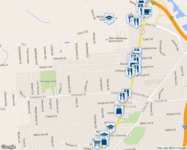 map of restaurants, bars, coffee shops, grocery stores, and more near 219 Lynhurst Avenue in Syracuse