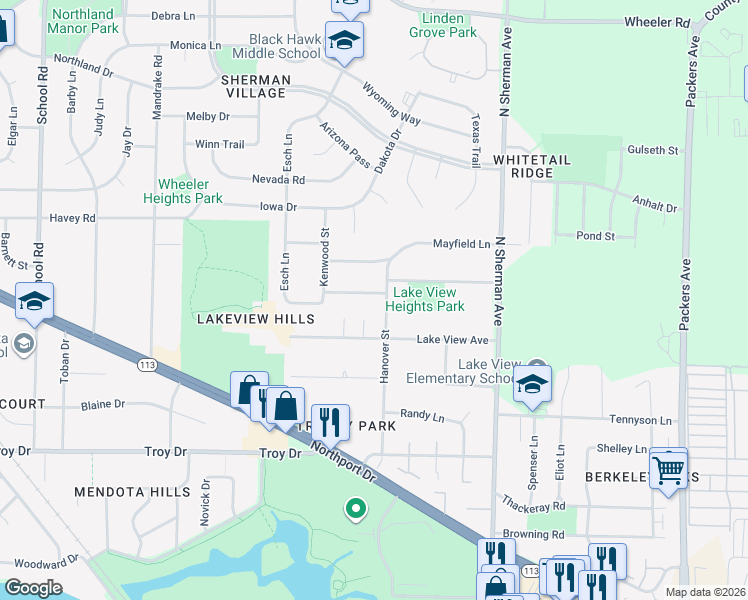 map of restaurants, bars, coffee shops, grocery stores, and more near 1525 Longview Street in Madison