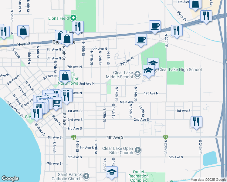 map of restaurants, bars, coffee shops, grocery stores, and more near 117 North 14th Street in Clear Lake