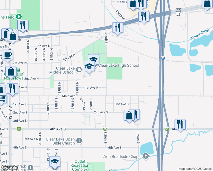 map of restaurants, bars, coffee shops, grocery stores, and more near 125 North 20th Street in Clear Lake