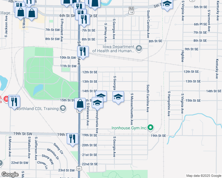 map of restaurants, bars, coffee shops, grocery stores, and more near 242 14th Street Southeast in Mason City