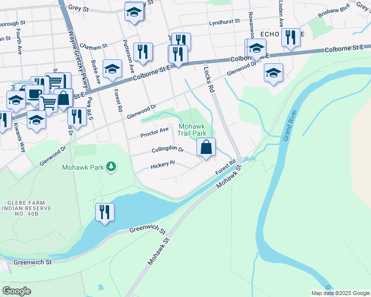map of restaurants, bars, coffee shops, grocery stores, and more near 48 Collingdon Drive in Brantford