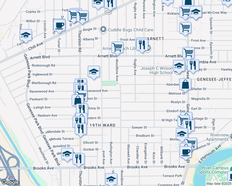 map of restaurants, bars, coffee shops, grocery stores, and more near 35 Ravenwood Avenue in Rochester