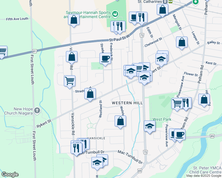 map of restaurants, bars, coffee shops, grocery stores, and more near 1 A Frederick Street in St. Catharines