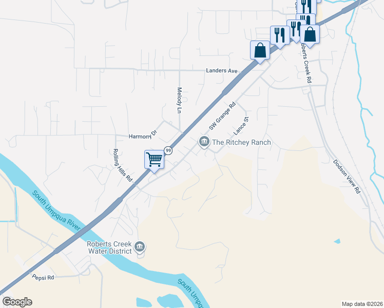 map of restaurants, bars, coffee shops, grocery stores, and more near 5201 Southwest Grange Road in Roseburg