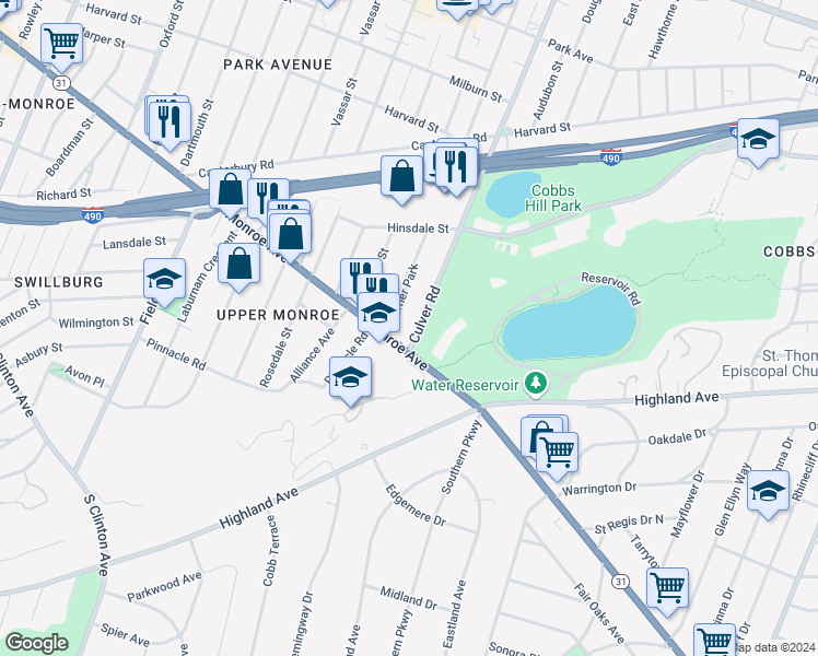 map of restaurants, bars, coffee shops, grocery stores, and more near 17 Culver Road in Rochester