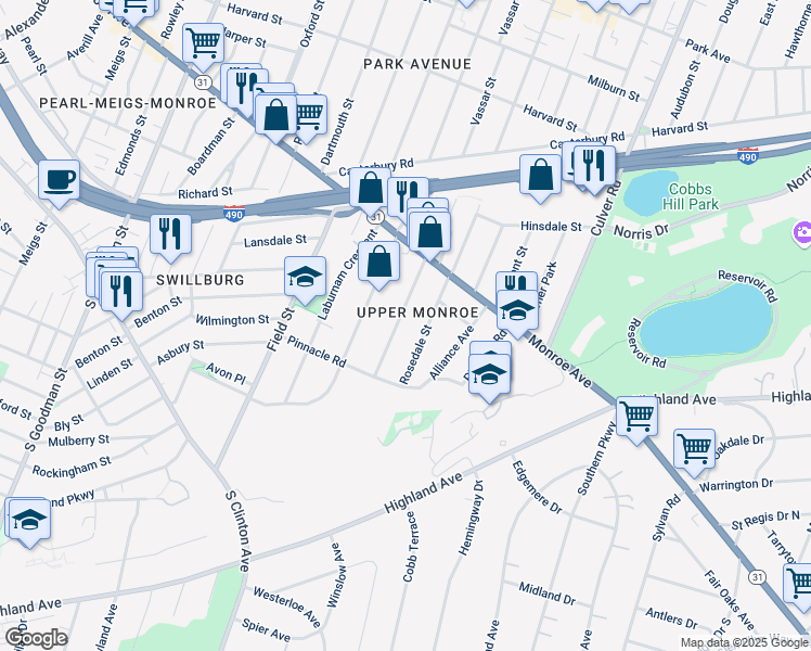 map of restaurants, bars, coffee shops, grocery stores, and more near 107 Shepard Street in Rochester