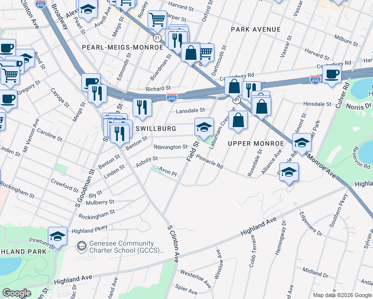 map of restaurants, bars, coffee shops, grocery stores, and more near 201 Field Street in Rochester