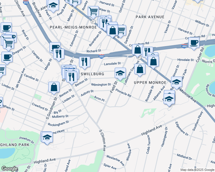map of restaurants, bars, coffee shops, grocery stores, and more near 67 Wilmington Street in Rochester