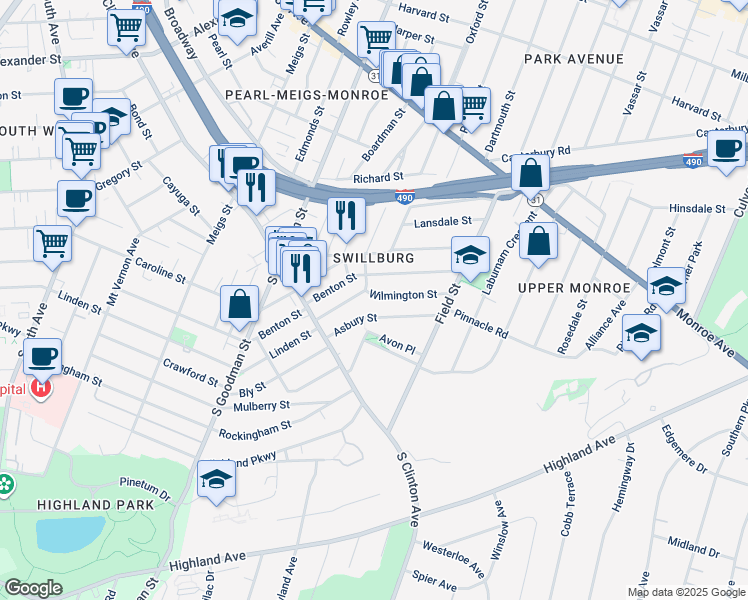 map of restaurants, bars, coffee shops, grocery stores, and more near 17 Wilmington Street in Rochester