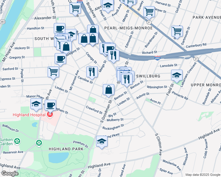 map of restaurants, bars, coffee shops, grocery stores, and more near 330 Caroline Street in Rochester