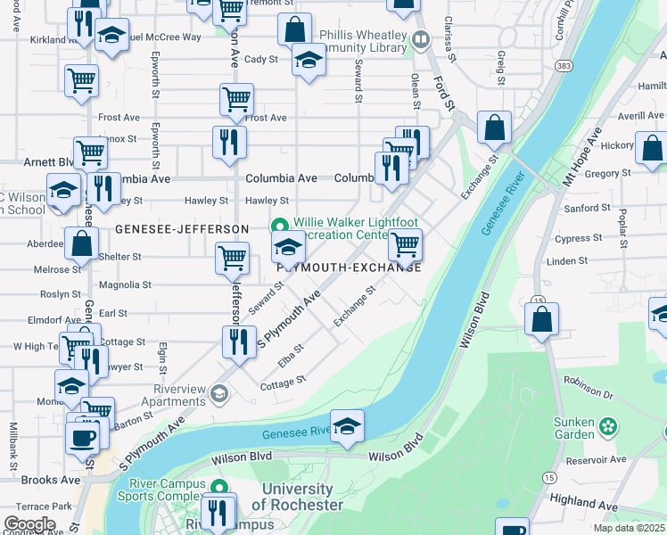 map of restaurants, bars, coffee shops, grocery stores, and more near 35 Fuller Place in Rochester