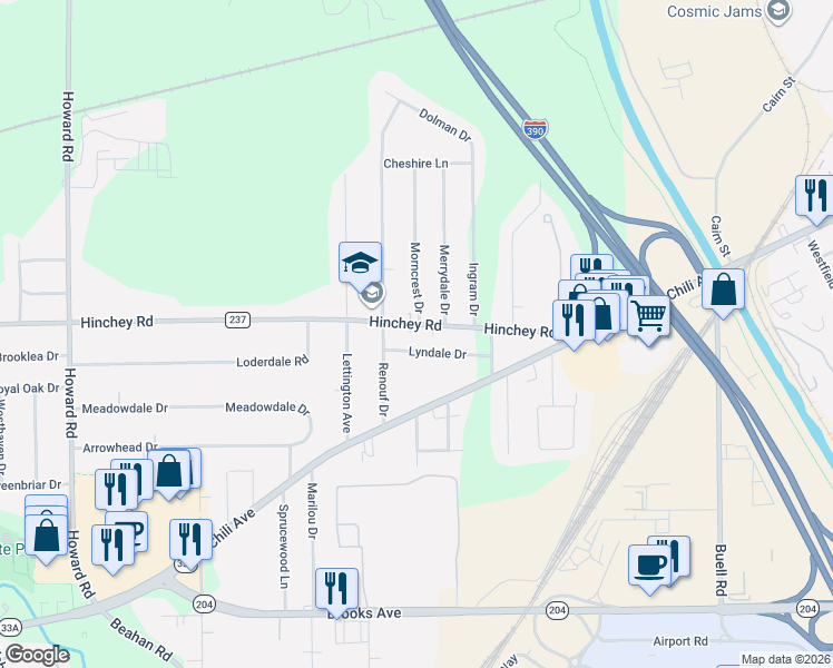 map of restaurants, bars, coffee shops, grocery stores, and more near 231 Hinchey Road in Rochester
