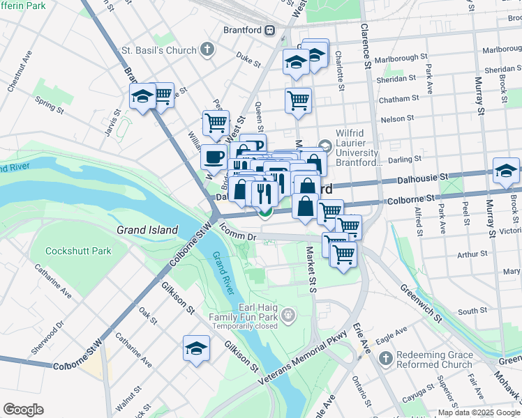 map of restaurants, bars, coffee shops, grocery stores, and more near in Brantford