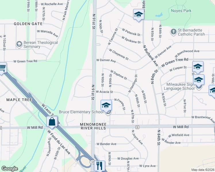 map of restaurants, bars, coffee shops, grocery stores, and more near 6635 North 89th Street in Milwaukee