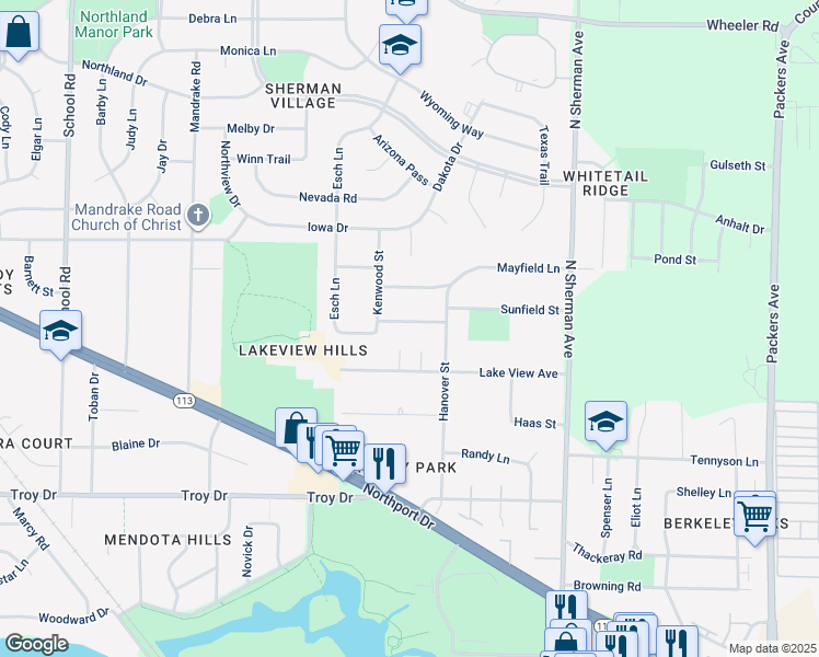 map of restaurants, bars, coffee shops, grocery stores, and more near 1509 Longview Street in Madison