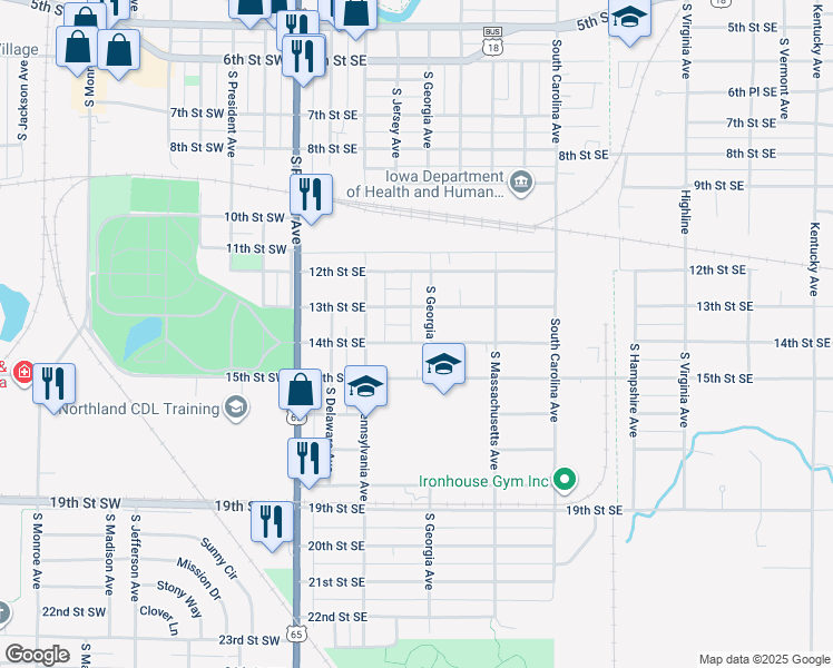 map of restaurants, bars, coffee shops, grocery stores, and more near 242 14th Street Southeast in Mason City