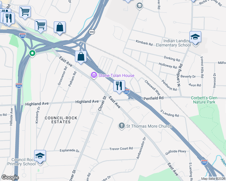 map of restaurants, bars, coffee shops, grocery stores, and more near 2470 East Avenue in Rochester
