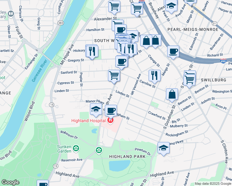 map of restaurants, bars, coffee shops, grocery stores, and more near 311 Linden Street in Rochester
