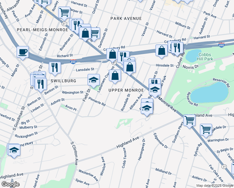 map of restaurants, bars, coffee shops, grocery stores, and more near 107 Shepard St in Rochester