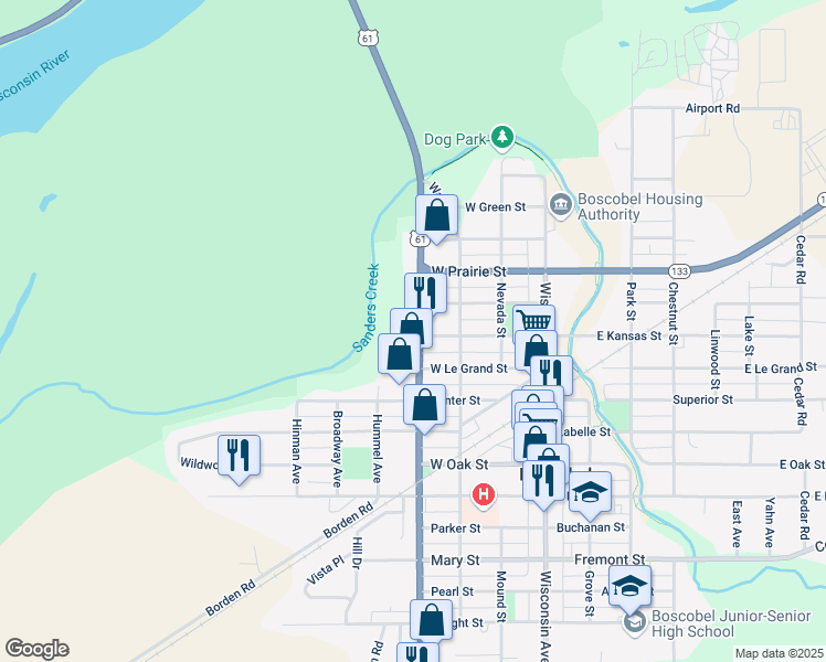 map of restaurants, bars, coffee shops, grocery stores, and more near 508 Elm Street in Boscobel