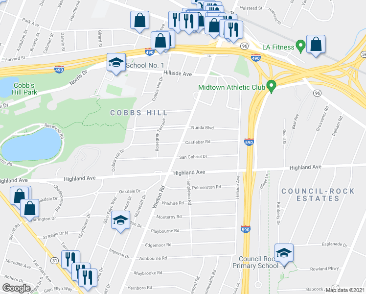 map of restaurants, bars, coffee shops, grocery stores, and more near 165 Castlebar Road in Rochester