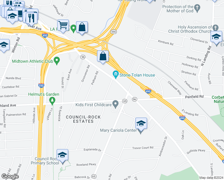 map of restaurants, bars, coffee shops, grocery stores, and more near 50 Council Rock Avenue in Rochester