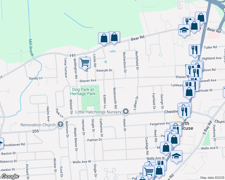 map of restaurants, bars, coffee shops, grocery stores, and more near 129 Wadsworth Rd in Syracuse