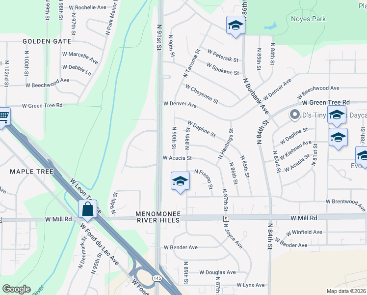 map of restaurants, bars, coffee shops, grocery stores, and more near 6635 North 89th Street in Milwaukee