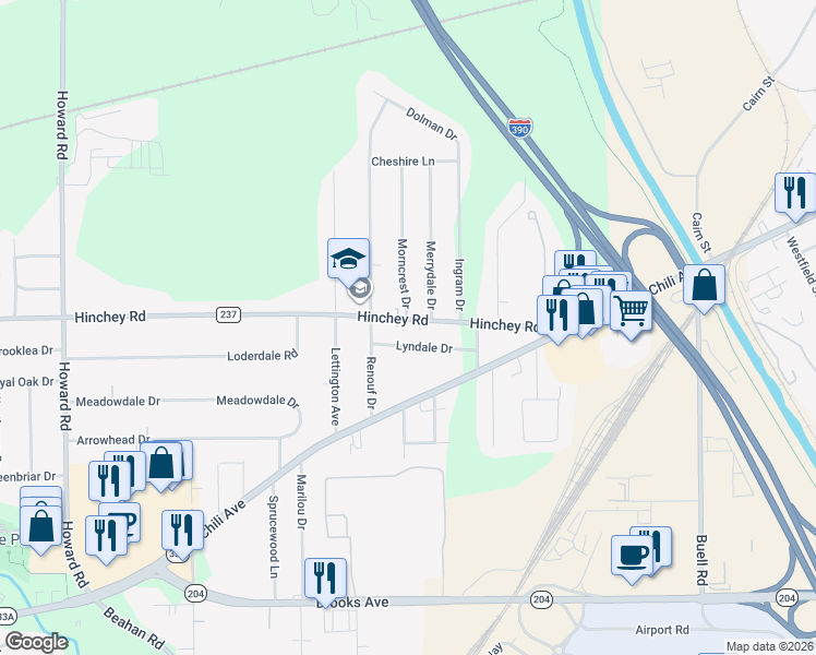 map of restaurants, bars, coffee shops, grocery stores, and more near 231 Hinchey Rd in Rochester