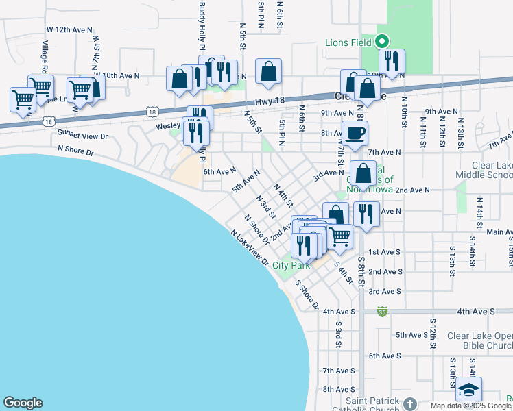 map of restaurants, bars, coffee shops, grocery stores, and more near 315 North 3rd Street in Clear Lake