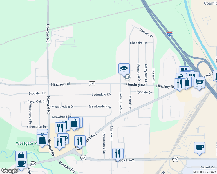 map of restaurants, bars, coffee shops, grocery stores, and more near 401 Hinchey Road in Rochester