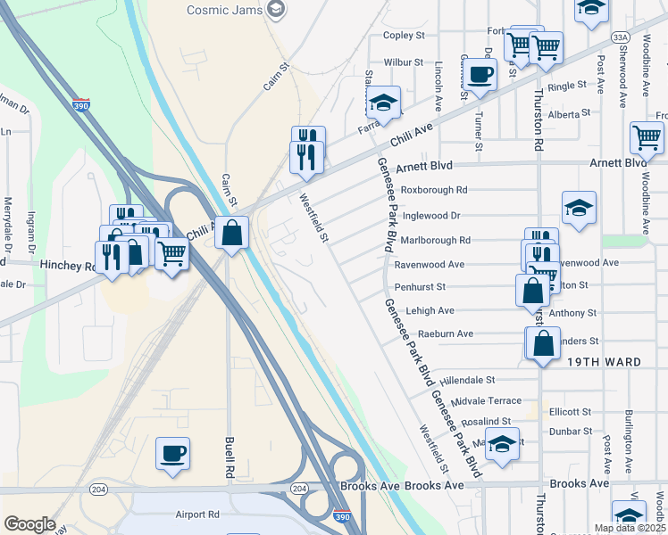map of restaurants, bars, coffee shops, grocery stores, and more near 147 Westfield Street in Rochester
