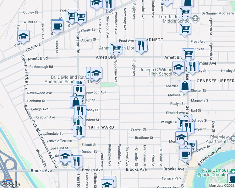map of restaurants, bars, coffee shops, grocery stores, and more near 3 Ravenwood Avenue in Rochester