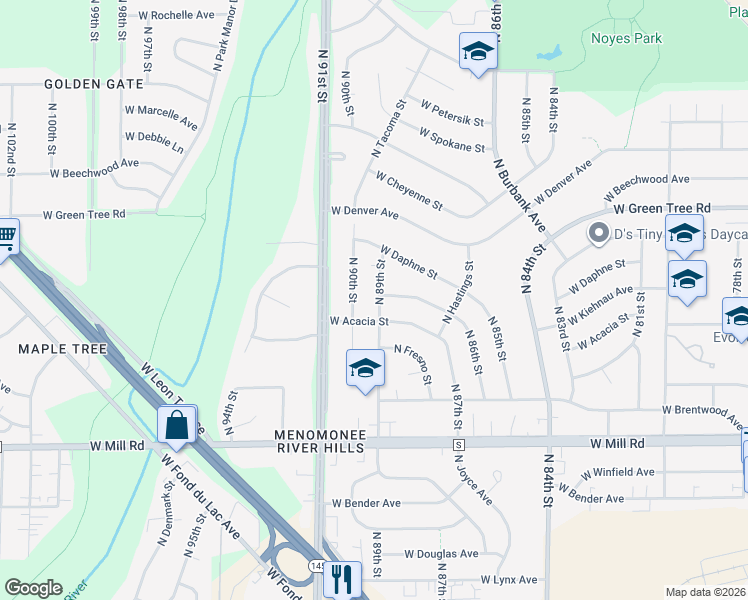 map of restaurants, bars, coffee shops, grocery stores, and more near 6635 North 89th Street in Milwaukee