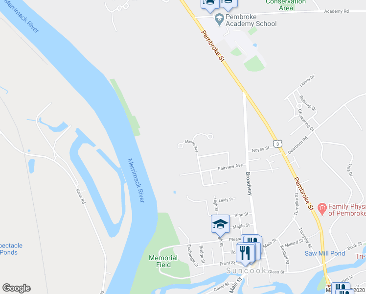 map of restaurants, bars, coffee shops, grocery stores, and more near 40 Mason Avenue in Suncook