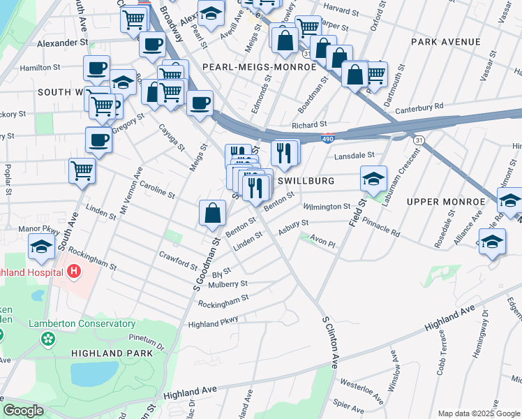 map of restaurants, bars, coffee shops, grocery stores, and more near 336 Benton Street in Rochester