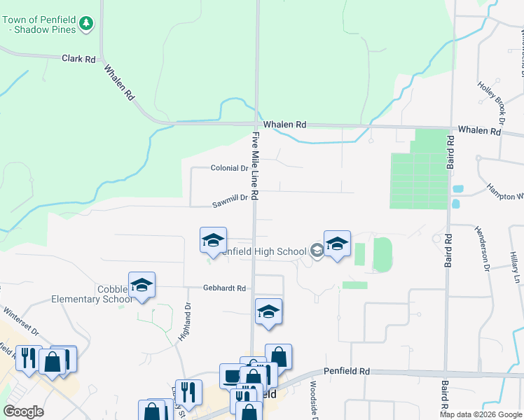map of restaurants, bars, coffee shops, grocery stores, and more near 2000 Five Mile Line Road in Penfield