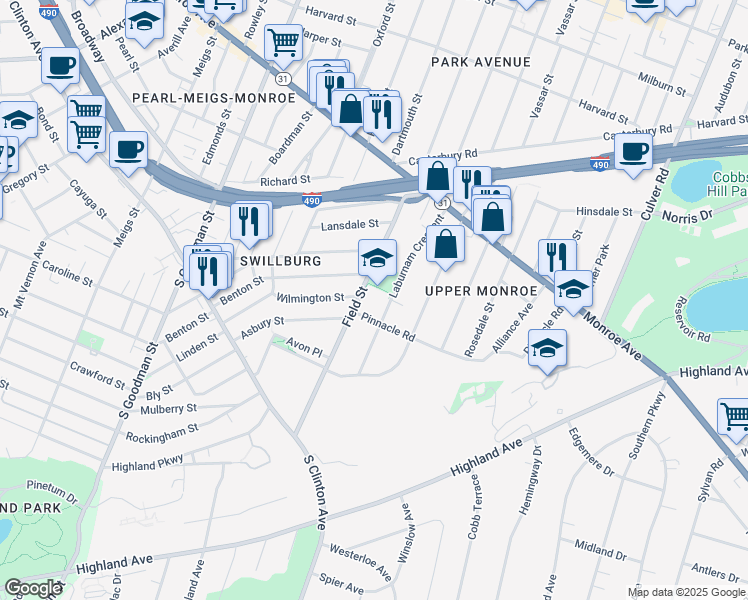 map of restaurants, bars, coffee shops, grocery stores, and more near 194 Field Street in Rochester