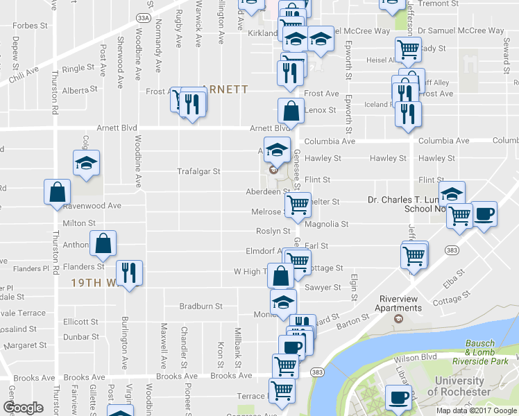 map of restaurants, bars, coffee shops, grocery stores, and more near 82 Melrose Street in Rochester