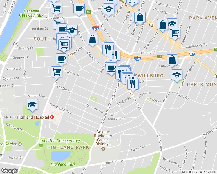map of restaurants, bars, coffee shops, grocery stores, and more near 330 Caroline Street in Rochester
