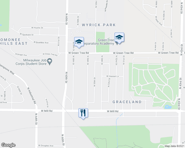 map of restaurants, bars, coffee shops, grocery stores, and more near 6643 North 55th Street in Milwaukee