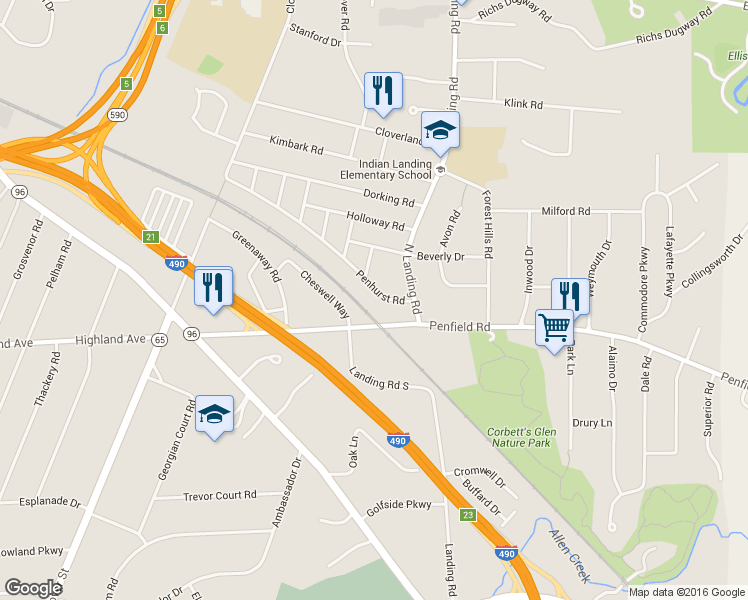 map of restaurants, bars, coffee shops, grocery stores, and more near 289 Penhurst Road in Rochester